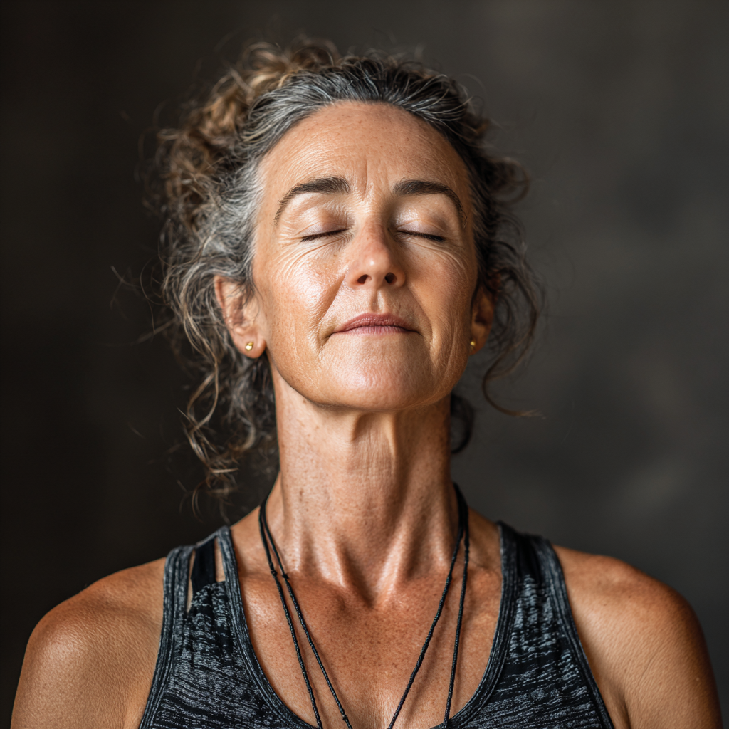 Жена на 52 години в медитативна поза с затворени очи, спокойна и концентрирана в тиха йога стая