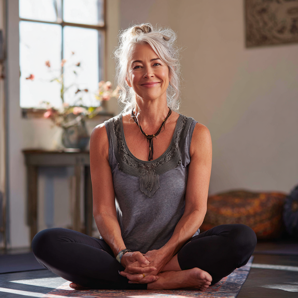 Жена на 55 години в удобна поза на йога, усмихната и спокойна в светла йога зала