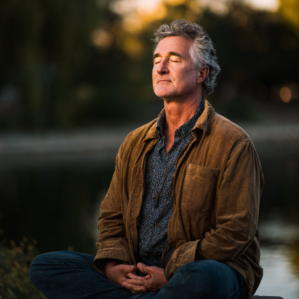Мъж на 58 години в медитативна поза на открито, заобиколен от природа, с мирно израз