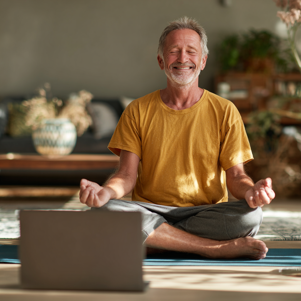 Мъж на 60 години практикуващ йога у дома пред лаптоп, участвайки в онлайн урок с усмивка